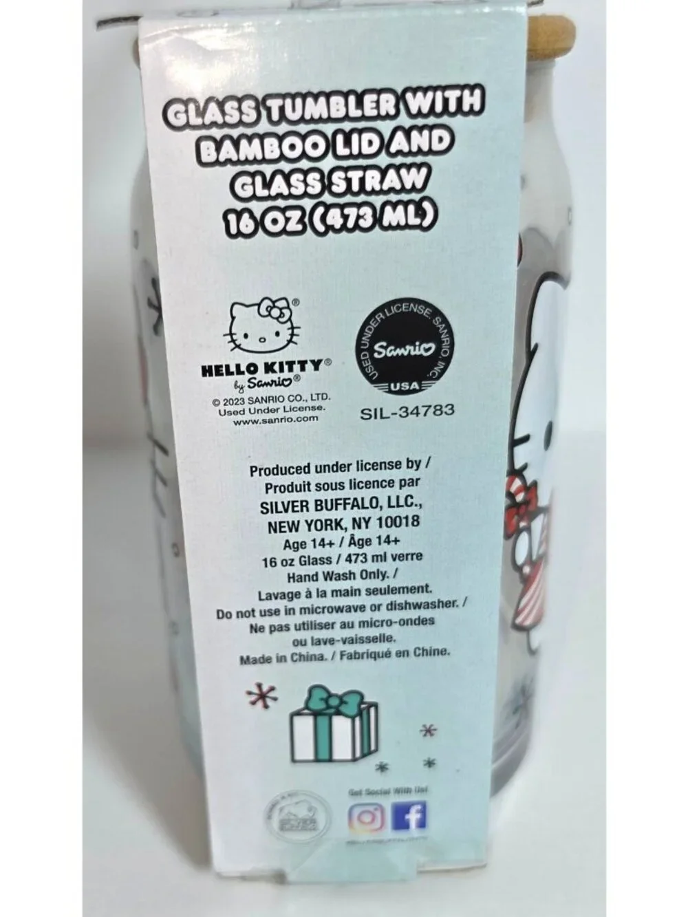 Sanrio Hello Kitty Christmas Glass Tumbler w/Bamboo Lid & Glass Straw 16oz Peppe